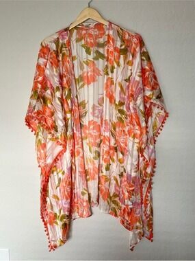 Cato One Size Sheer Floral Kimono Gold Stripe Shimmer Pom Pom Boho Cover Up
